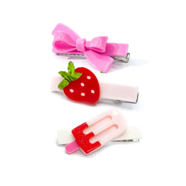 Lilies & Roses Popsicle Strawberry Pink Bow Trio Hair Clip Set