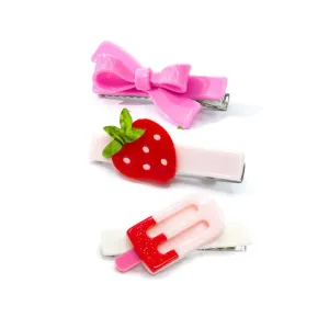 Lilies & Roses Popsicle Strawberry Pink Bow Trio Hair Clip Set