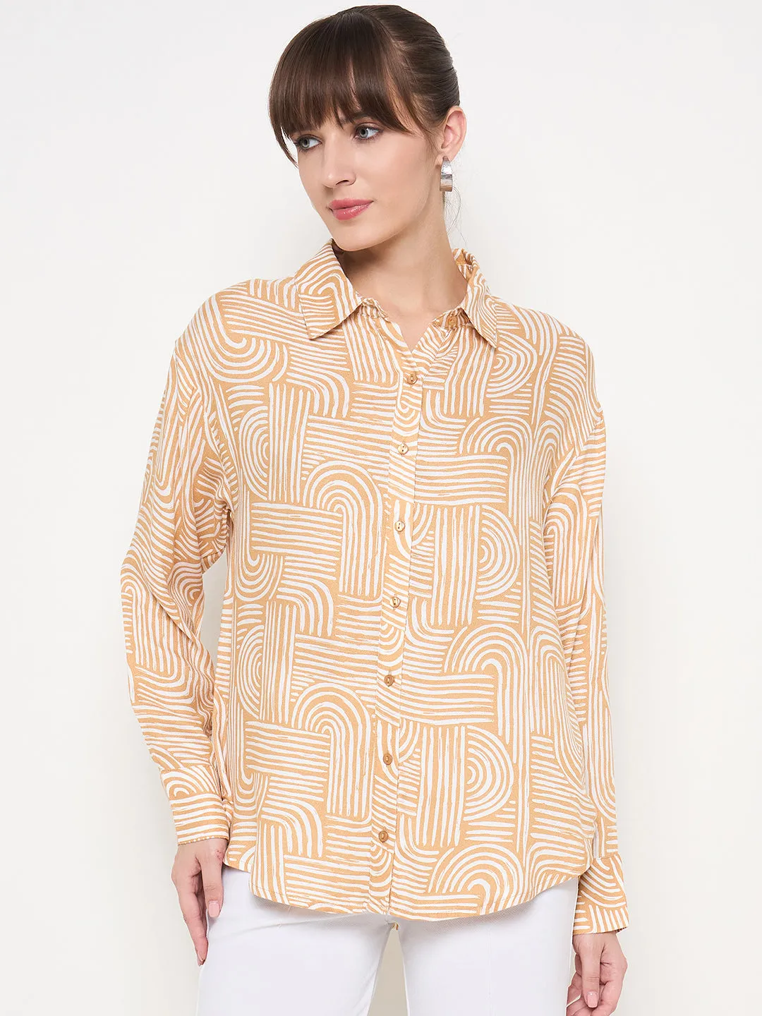 Madame Abstract Print Shirt Collar Brown Shirt