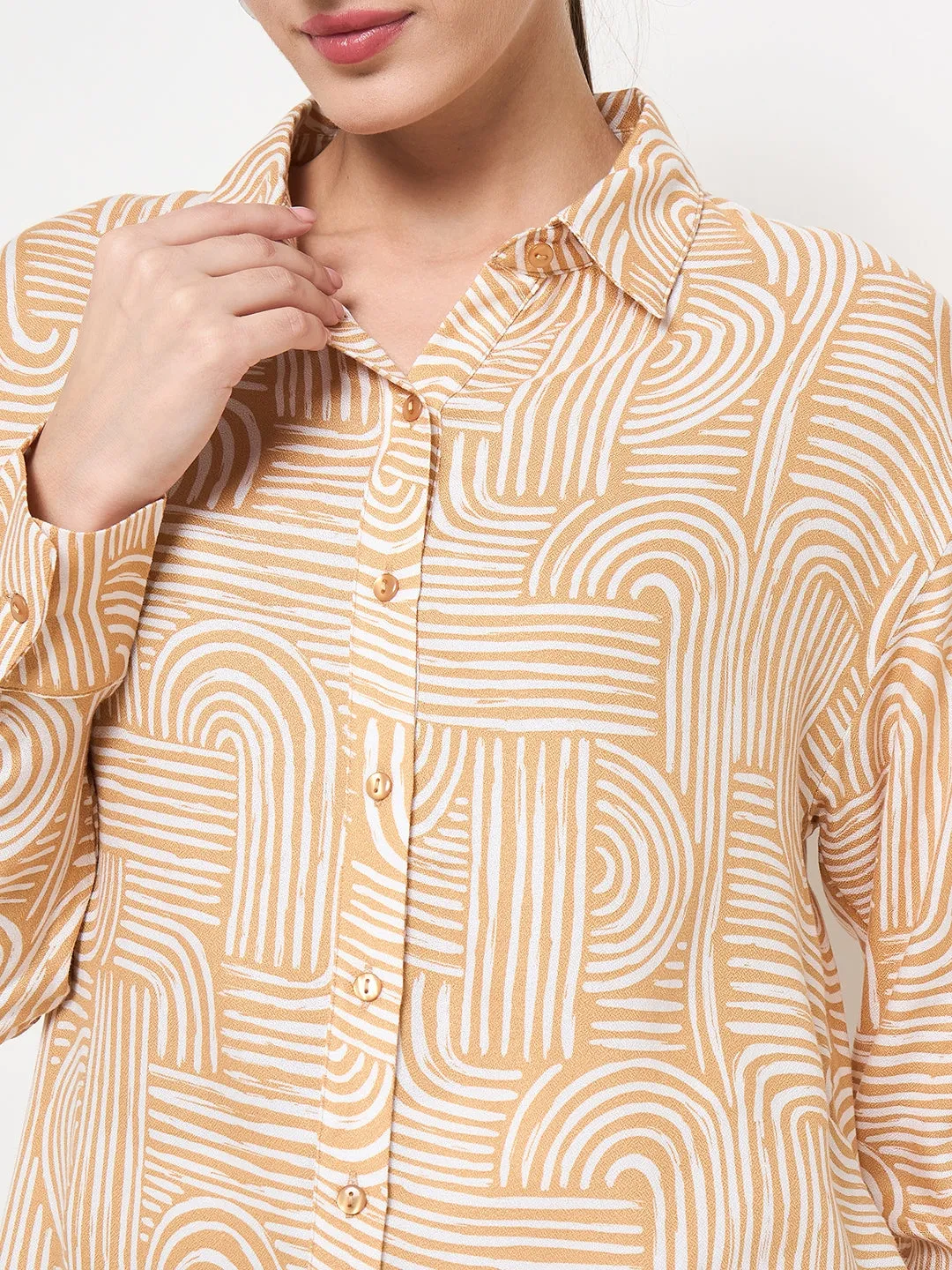 Madame Abstract Print Shirt Collar Brown Shirt
