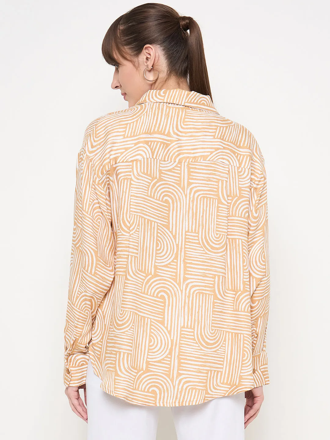 Madame Abstract Print Shirt Collar Brown Shirt