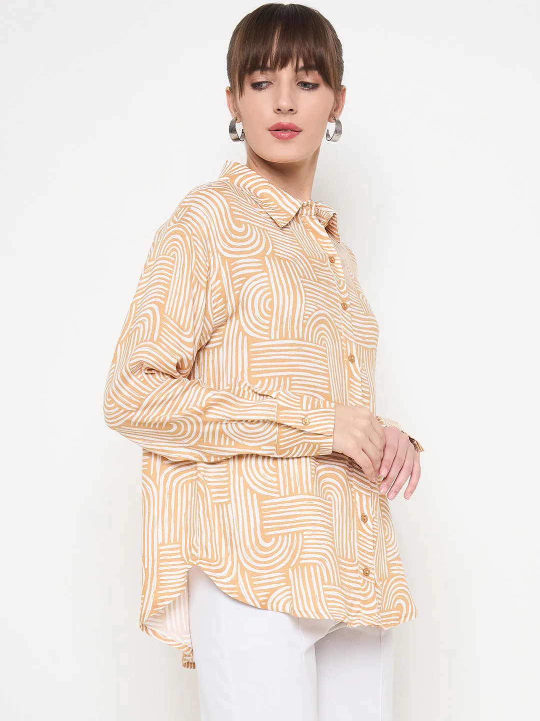 Madame Abstract Print Shirt Collar Brown Shirt