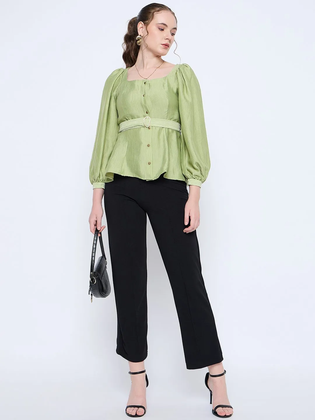 Madame Green Rayon Blend Square Neck Belted Button Front Top