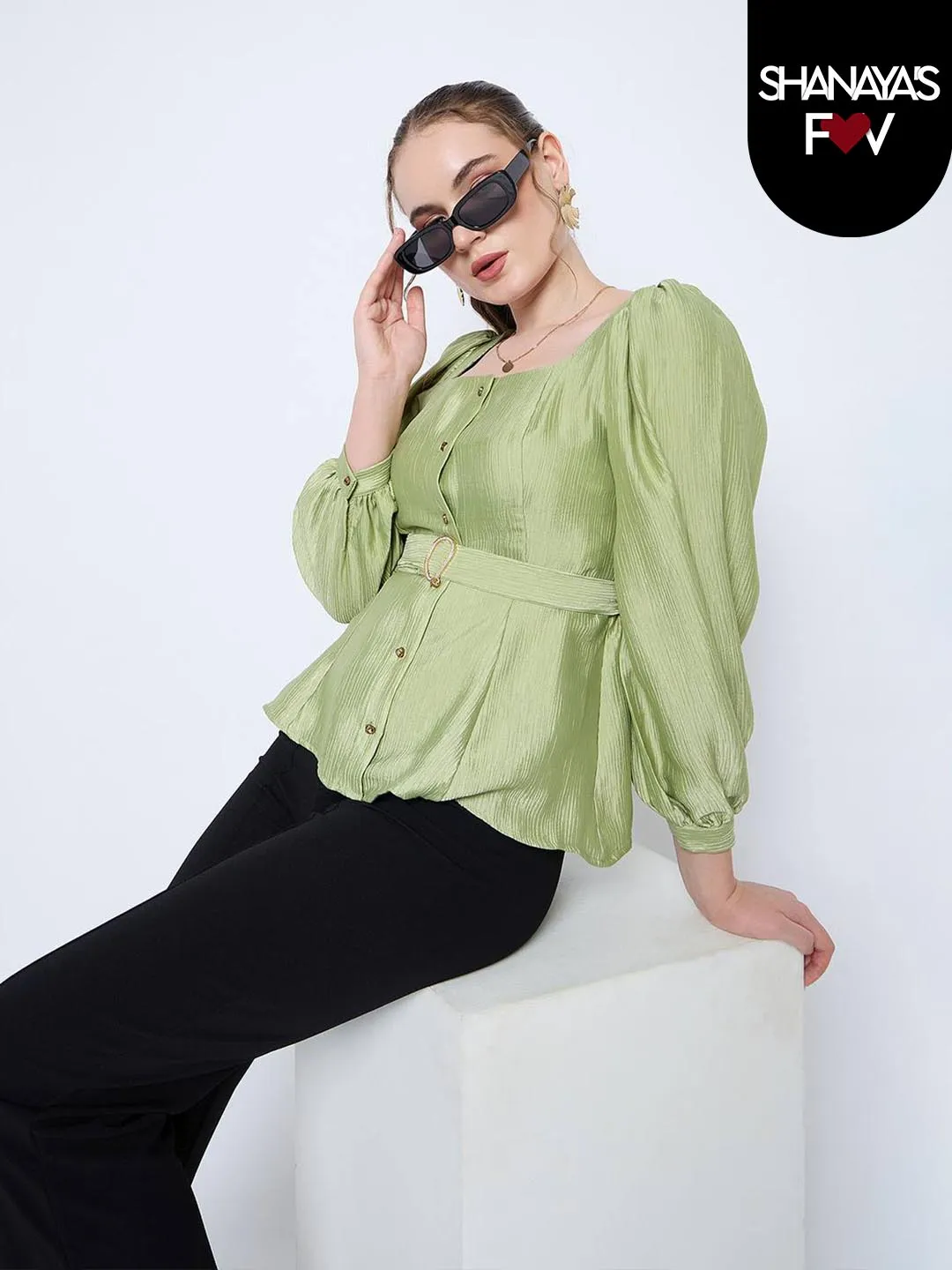 Madame Green Rayon Blend Square Neck Belted Button Front Top