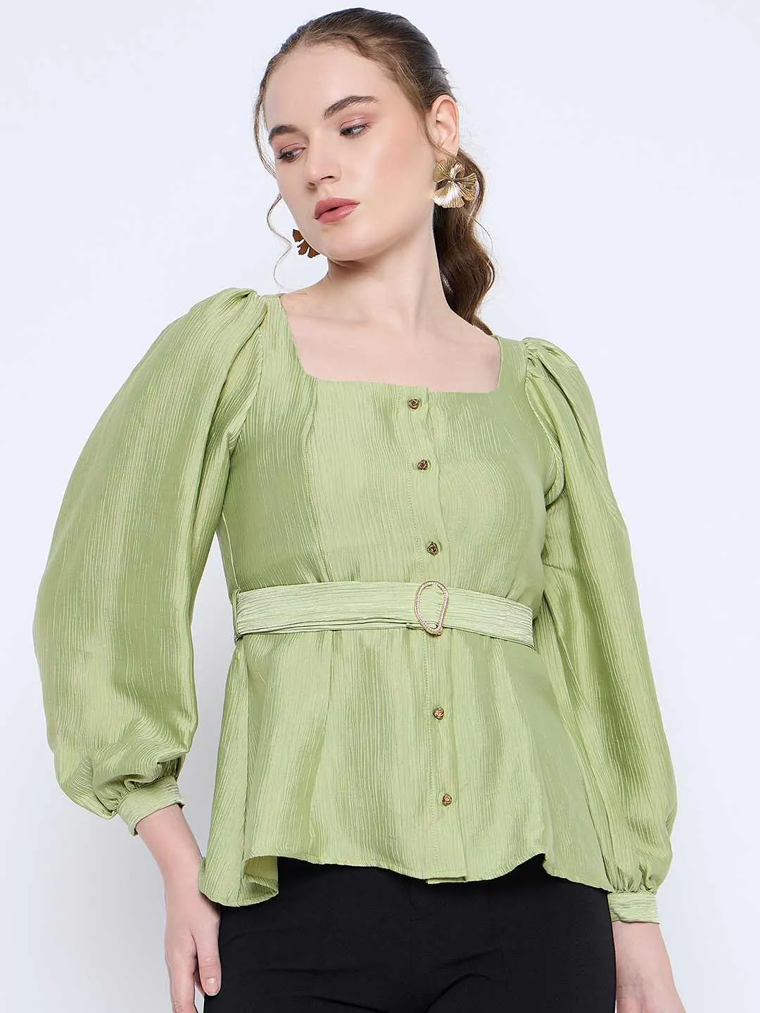 Madame Green Rayon Blend Square Neck Belted Button Front Top