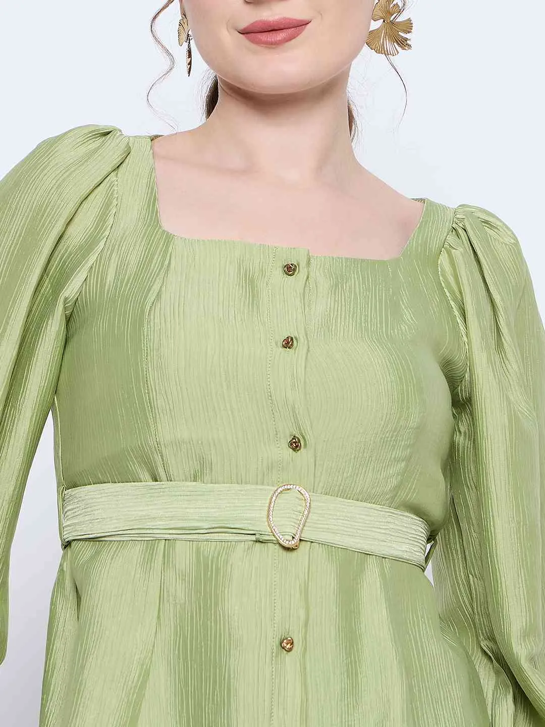 Madame Green Rayon Blend Square Neck Belted Button Front Top