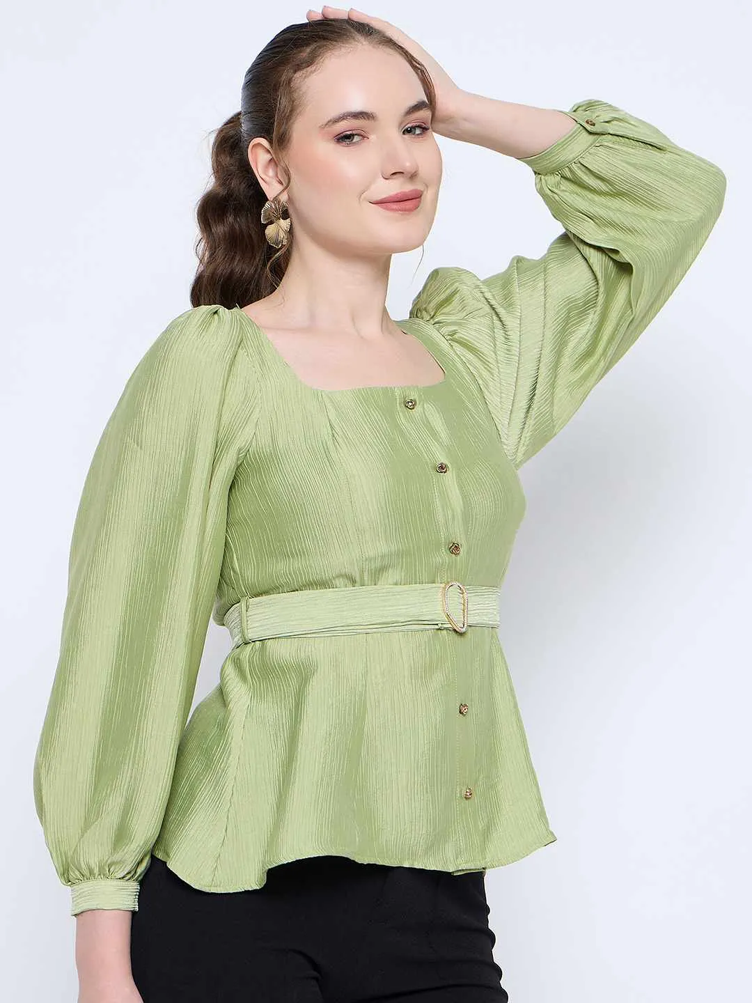 Madame Green Rayon Blend Square Neck Belted Button Front Top