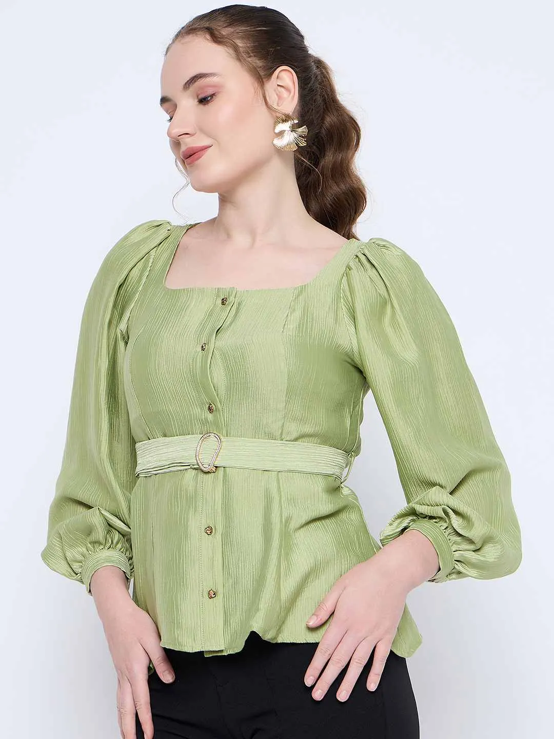 Madame Green Rayon Blend Square Neck Belted Button Front Top