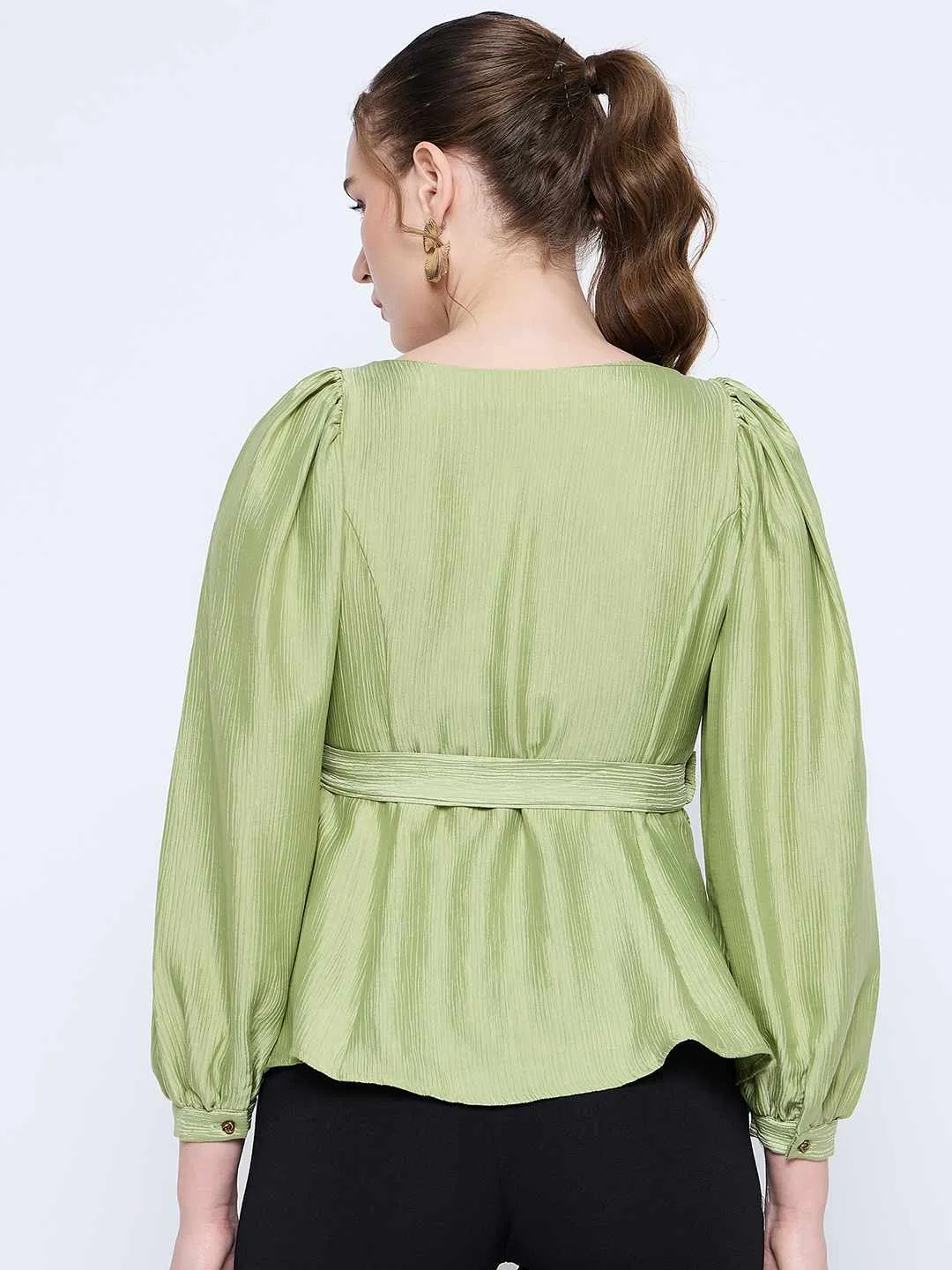 Madame Green Rayon Blend Square Neck Belted Button Front Top