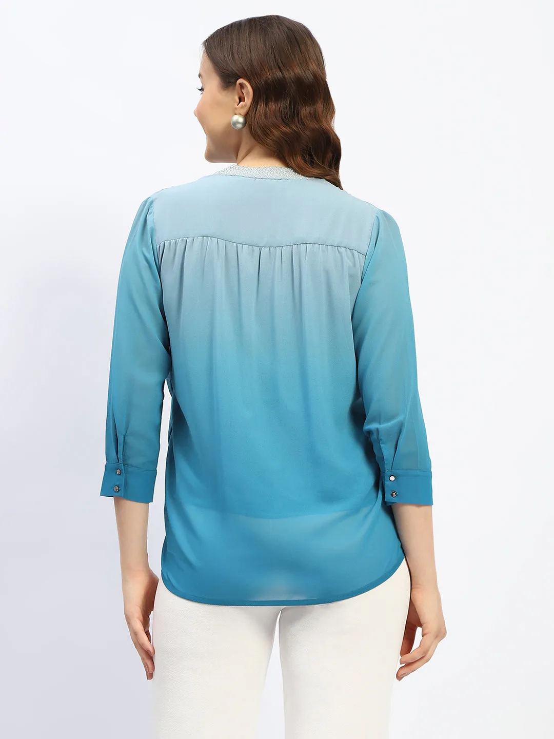 Madame Ombre Teal Mandarin Neck Drape Top