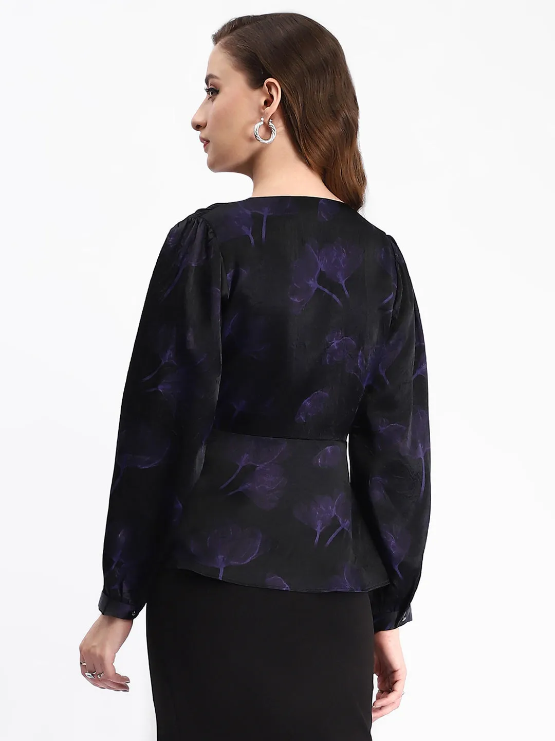 Madame Self Design Wrap Style Front Bishop Sleeve Black Top