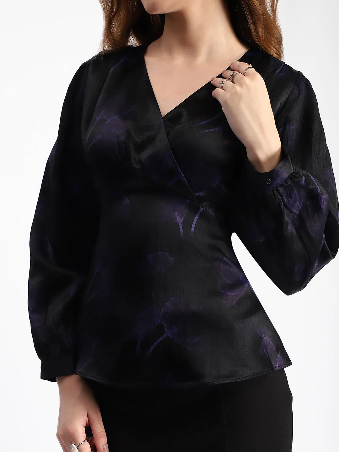 Madame Self Design Wrap Style Front Bishop Sleeve Black Top