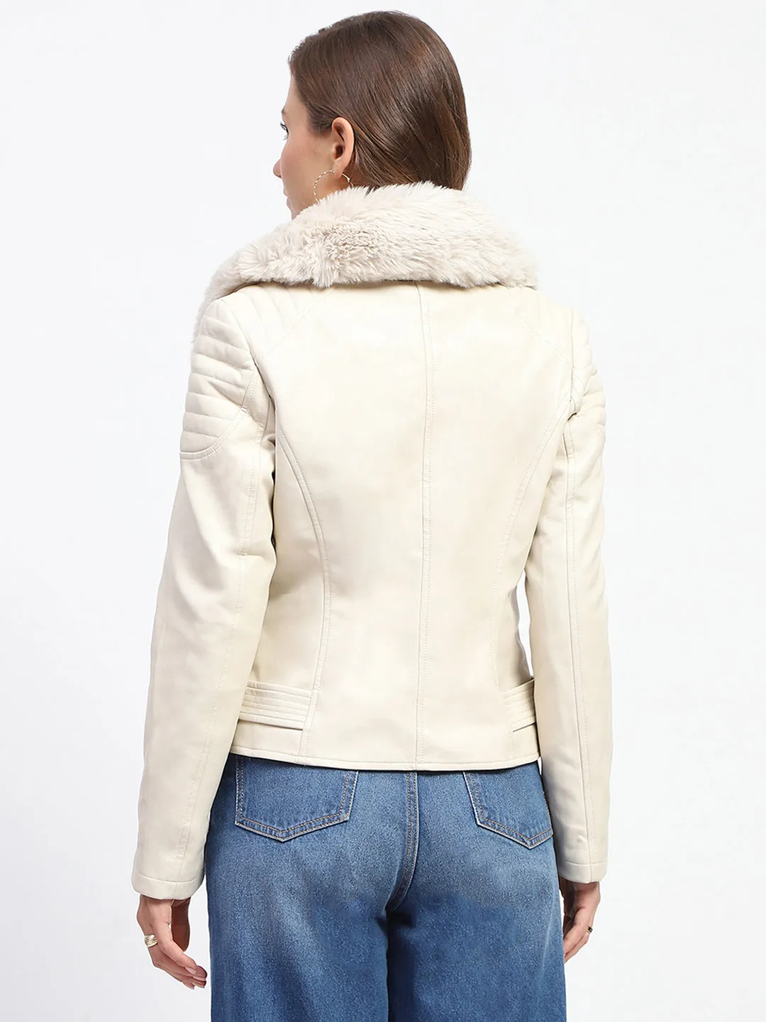 Madame Shanaya Kapoor Off White Faux Fur Trim Leather Jacket
