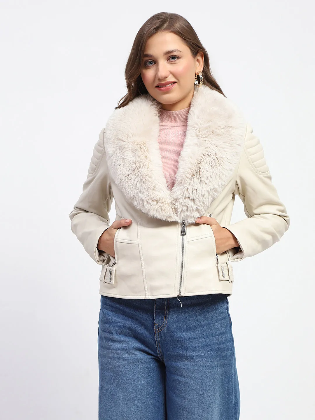 Madame Shanaya Kapoor Off White Faux Fur Trim Leather Jacket