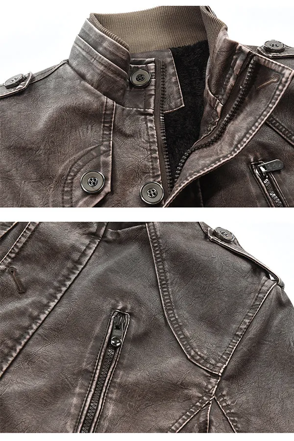 MENS MID-LENGTH CASUAL STAND-COLLAR SLIM LEATHER JACKET