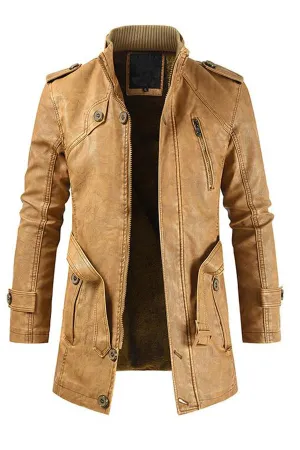 MENS MID-LENGTH CASUAL STAND-COLLAR SLIM LEATHER JACKET