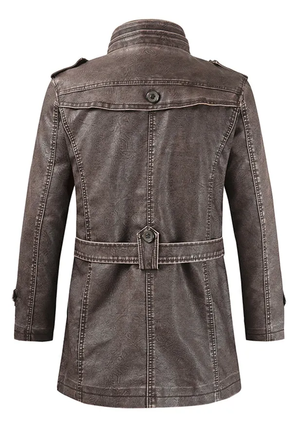 MENS MID-LENGTH CASUAL STAND-COLLAR SLIM LEATHER JACKET