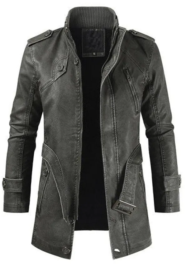 MENS MID-LENGTH CASUAL STAND-COLLAR SLIM LEATHER JACKET