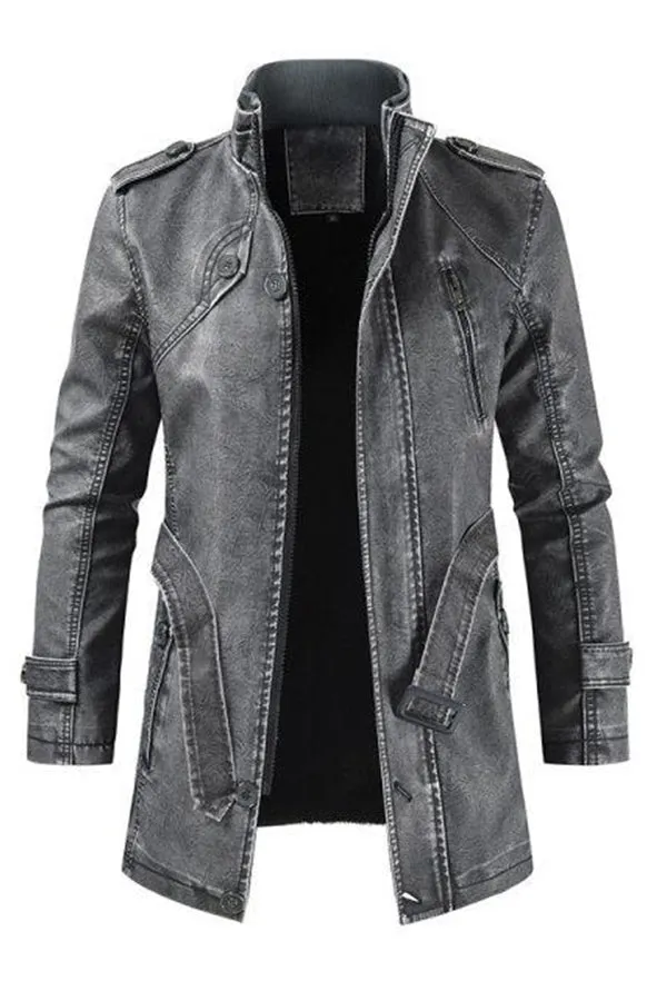 MENS MID-LENGTH CASUAL STAND-COLLAR SLIM LEATHER JACKET