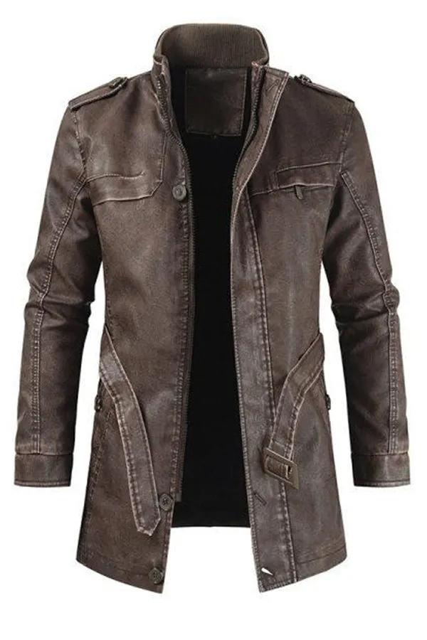 MENS MID-LENGTH CASUAL STAND-COLLAR SLIM LEATHER JACKET