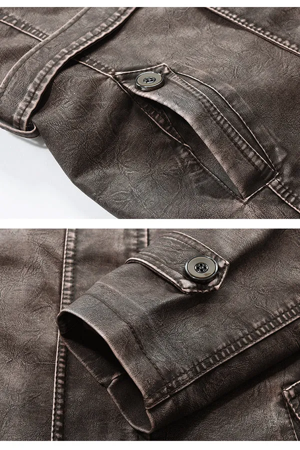 MENS MID-LENGTH CASUAL STAND-COLLAR SLIM LEATHER JACKET