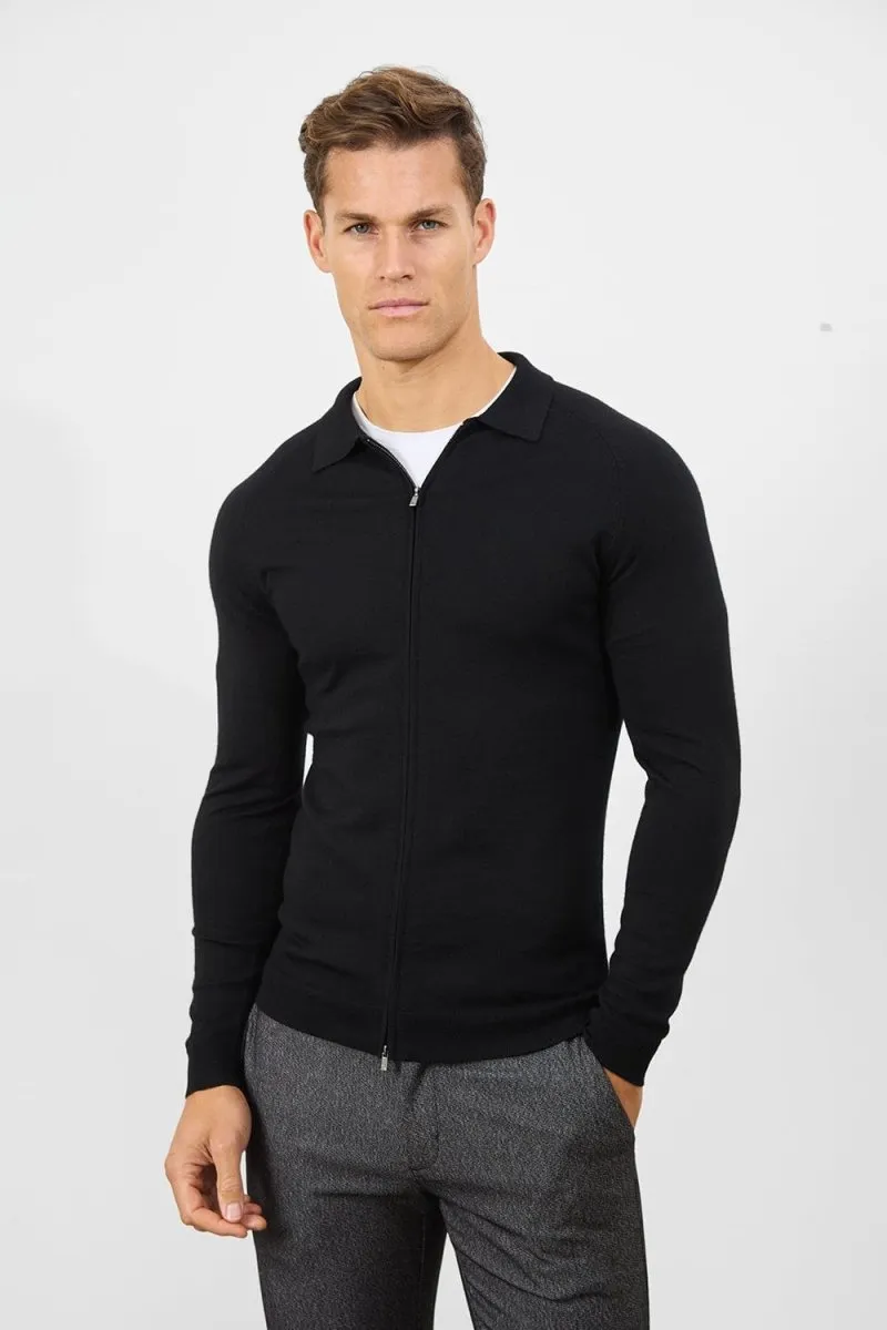 Merino Wool Full Zip Through Cardigan in Black