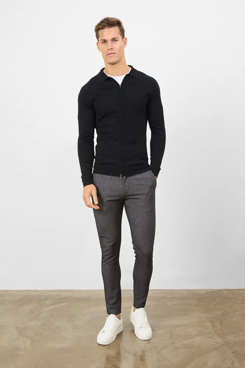 Merino Wool Full Zip Through Cardigan in Black