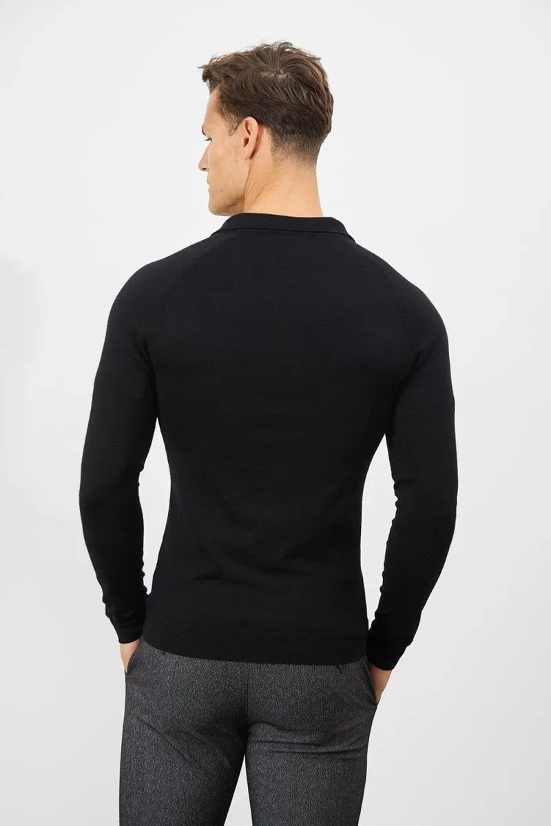 Merino Wool Full Zip Through Cardigan in Black