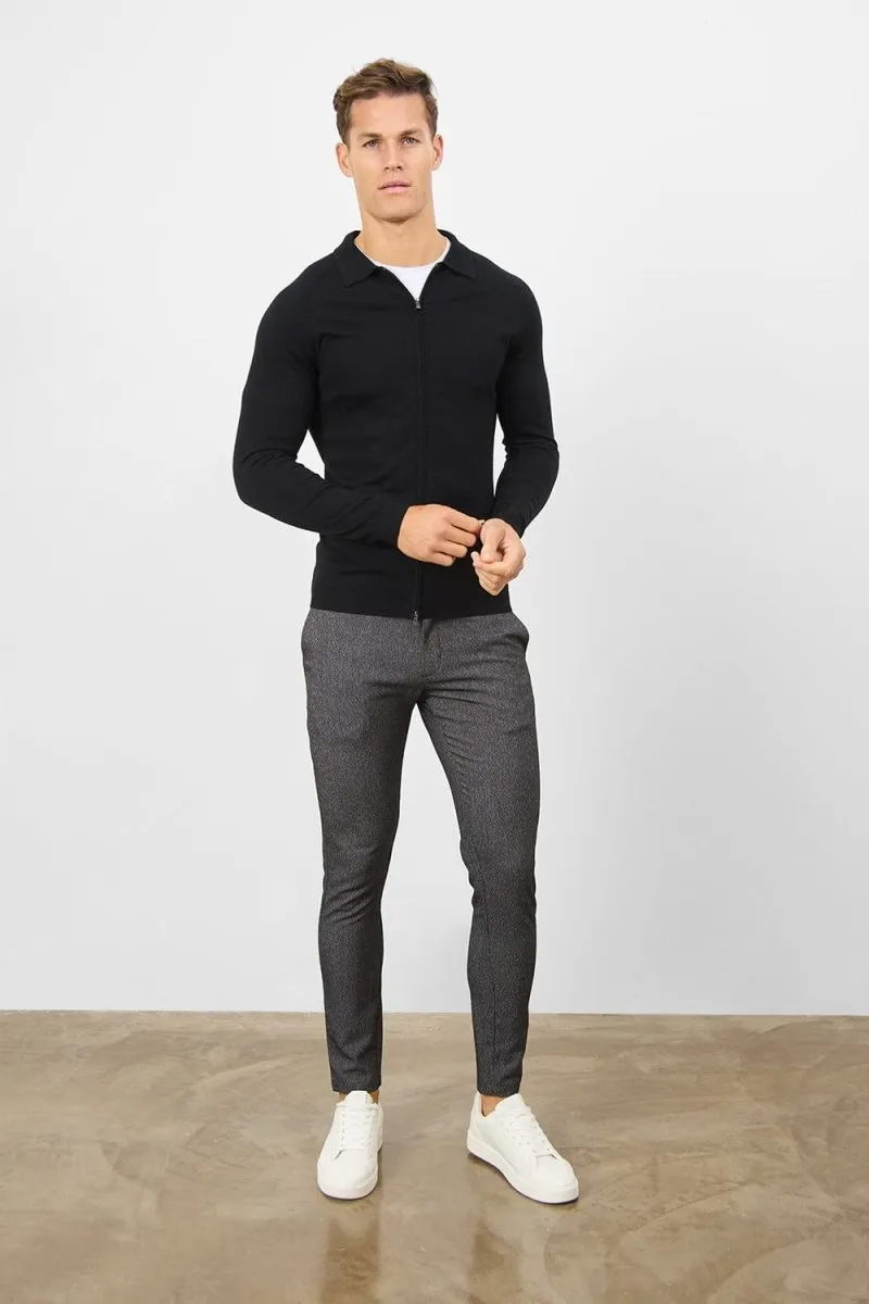 Merino Wool Full Zip Through Cardigan in Black