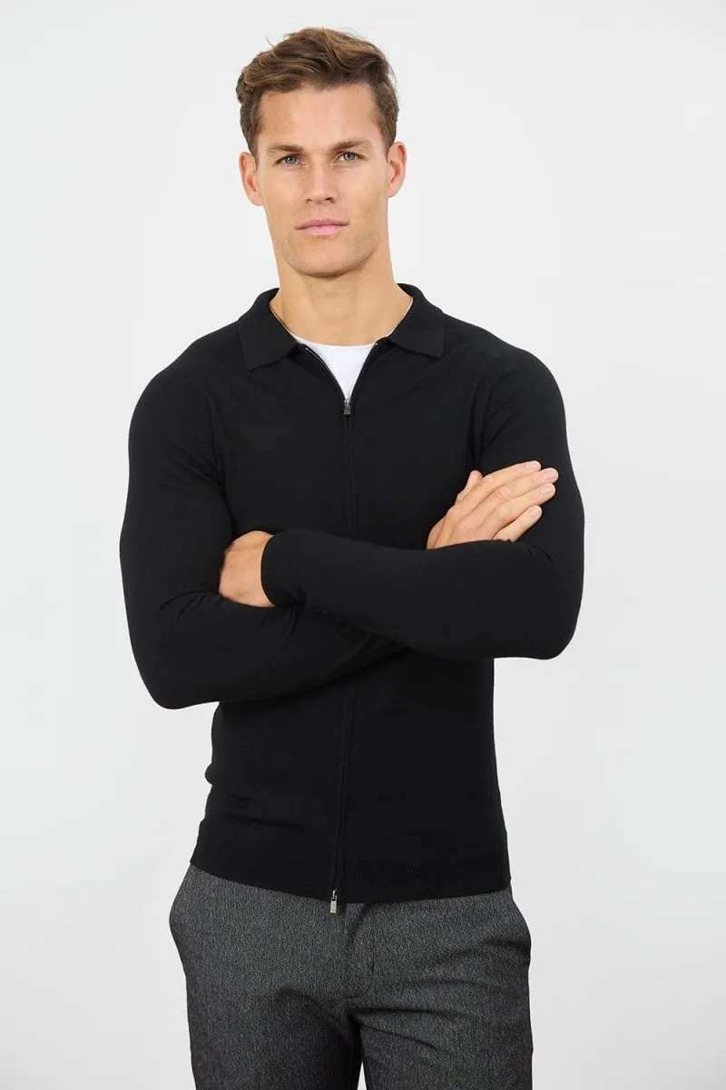 Merino Wool Full Zip Through Cardigan in Black