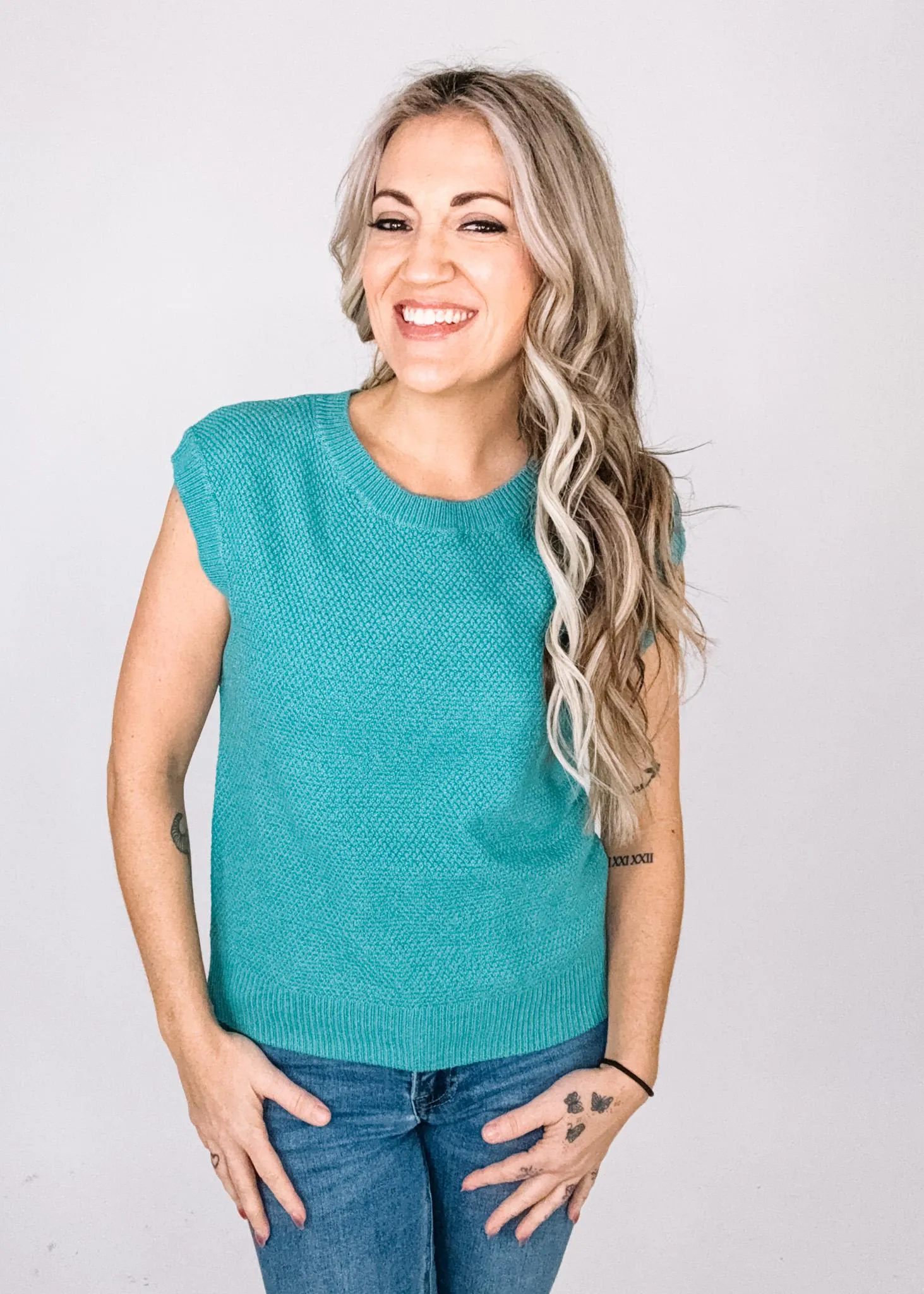 Mini Waffle Round Neck Cap Sleeve Pullover