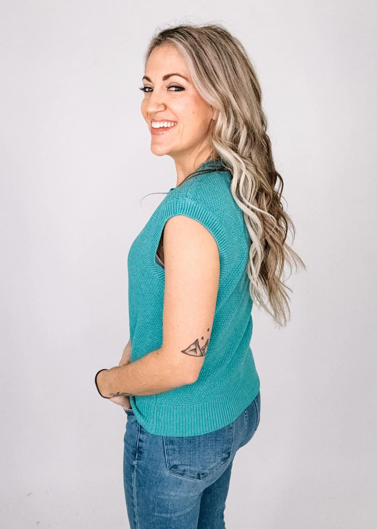 Mini Waffle Round Neck Cap Sleeve Pullover