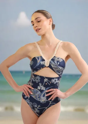 Montecarlo One-Piece Swimsuit – Luxury Resortwear 2025 in Navy & Gold Print