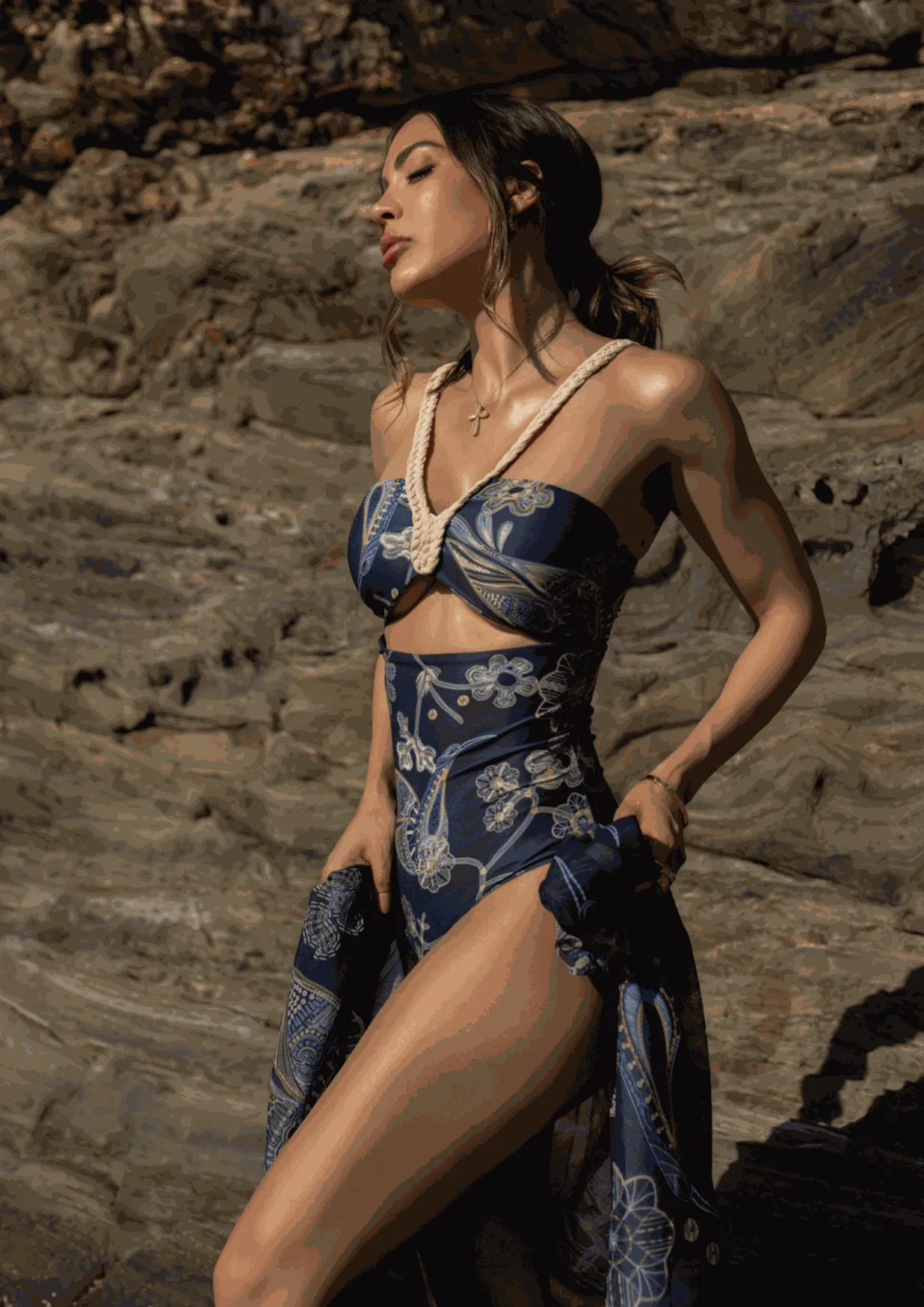 Montecarlo One-Piece Swimsuit – Luxury Resortwear 2025 in Navy & Gold Print