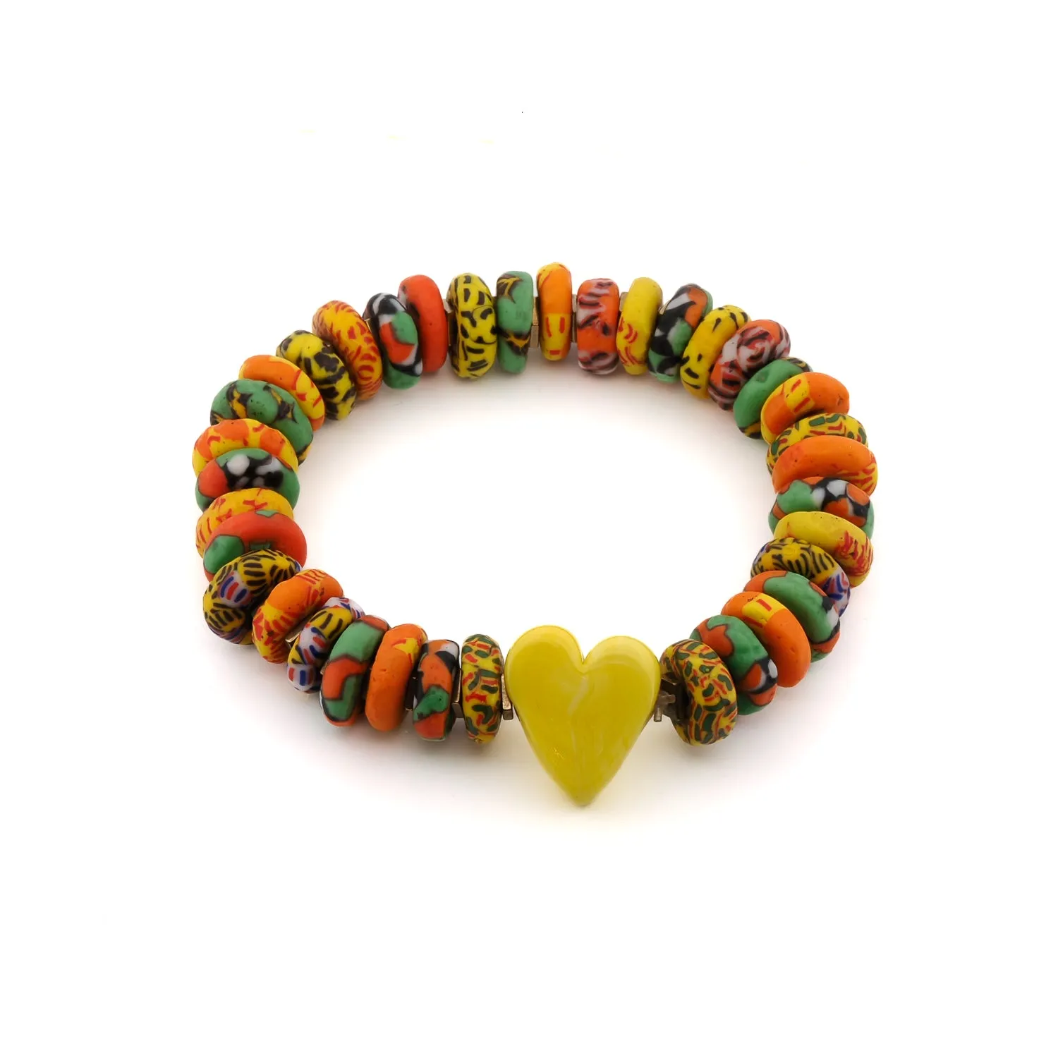 Murano Yellow Heart & African Colorful Beaded Summer Bracelet