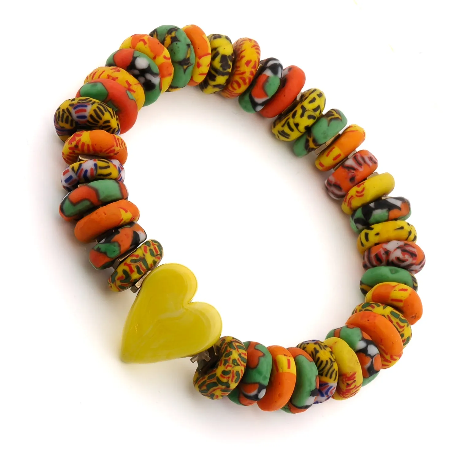 Murano Yellow Heart & African Colorful Beaded Summer Bracelet