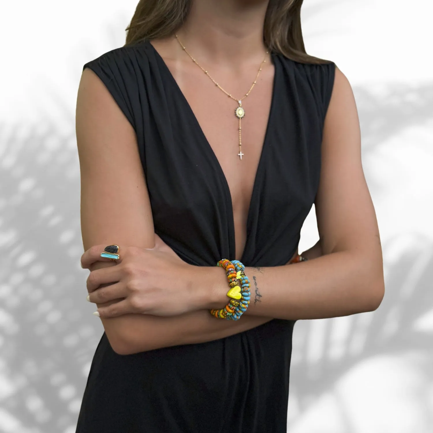 Murano Yellow Heart & African Colorful Beaded Summer Bracelet