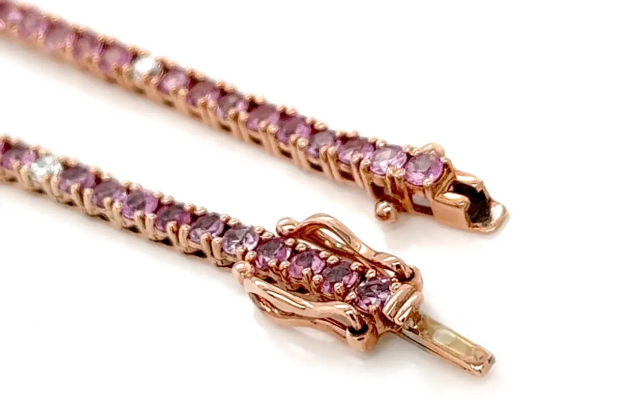 Necklace 14kt Gold Round Pink Sapphires & Diamonds Tennis