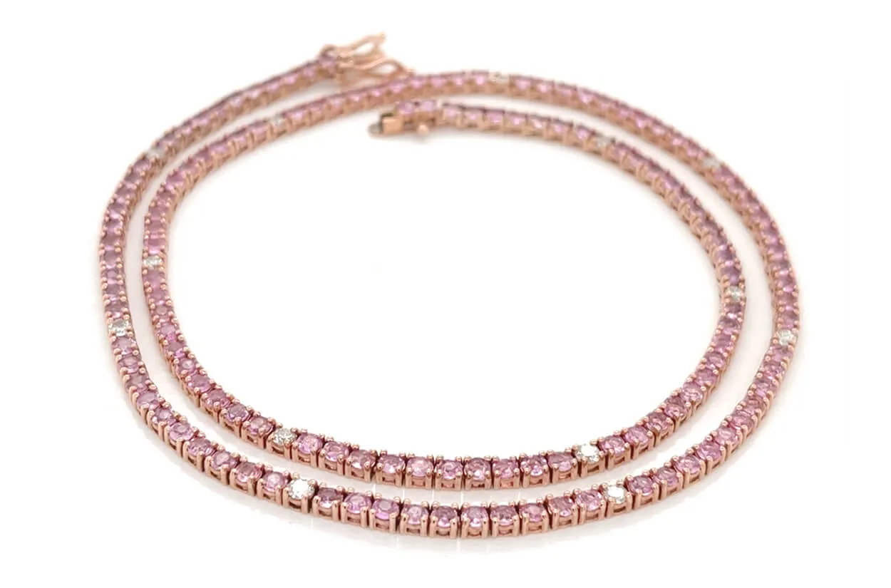 Necklace 14kt Gold Round Pink Sapphires & Diamonds Tennis