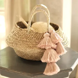 Petite Handwoven Belly Basket Bag, with Blush Pink Tassels