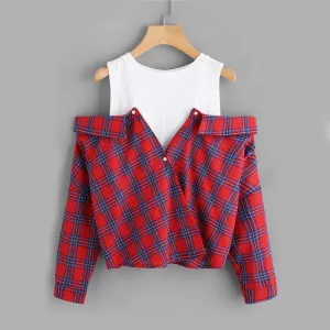 Plaid Open Shoulder Shirt
