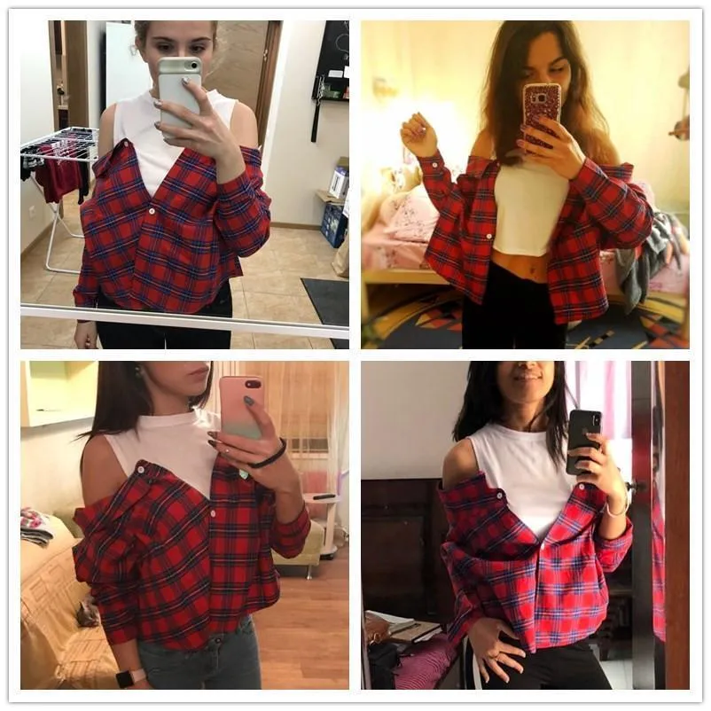 Plaid Open Shoulder Shirt