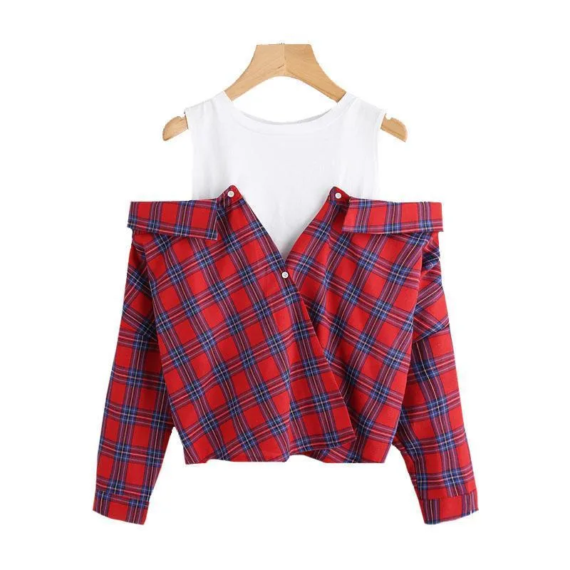 Plaid Open Shoulder Shirt