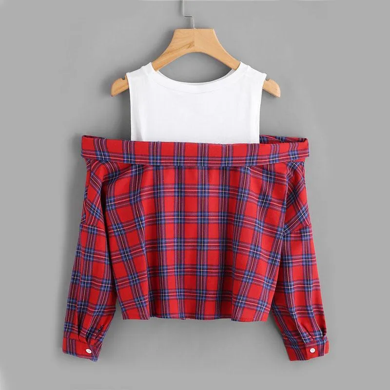 Plaid Open Shoulder Shirt