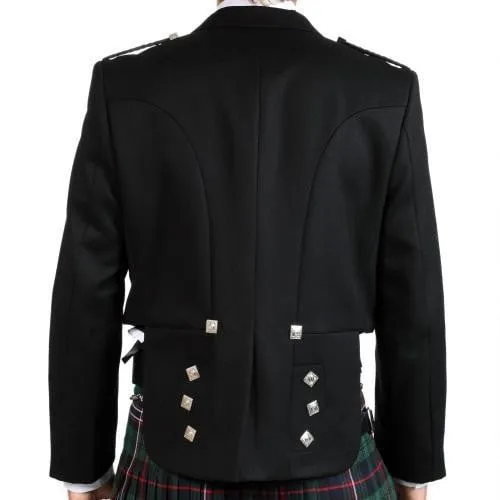 Prince Charlie Jacket and Waistcoat, 100% Black Barathea Wool - Imported