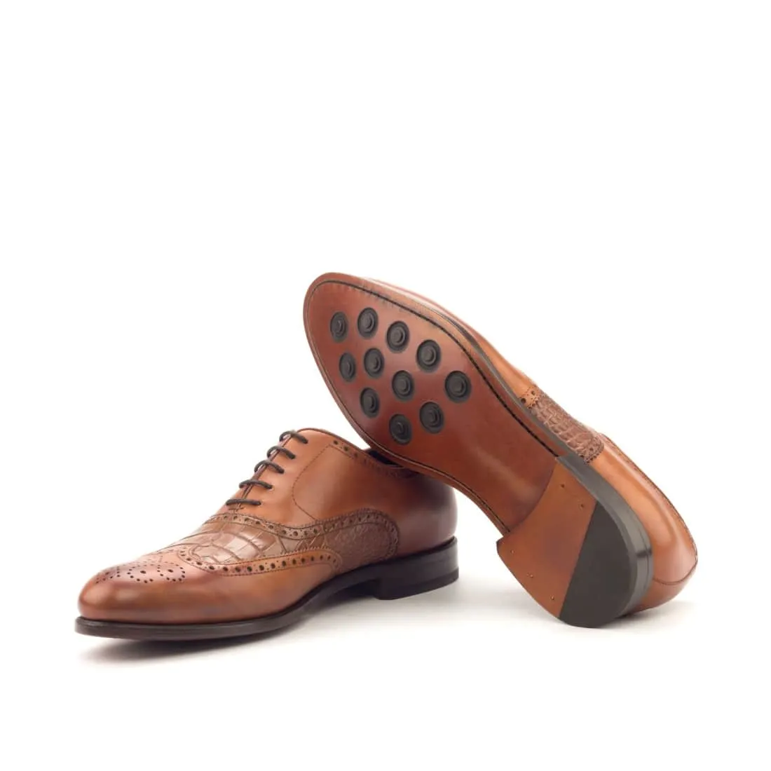 Richelieu fleuri en cuir et croco marron clair