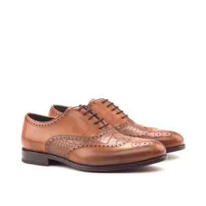 Richelieu fleuri en cuir et croco marron clair