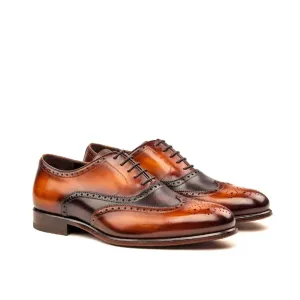 Richelieu fleuri en cuir patiné marron et cognac