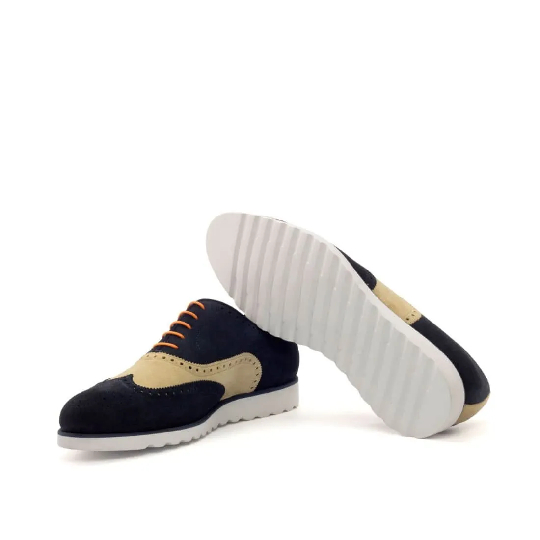 Richelieu fleuri en daim beige et bleu marine - Semelles sport