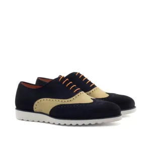 Richelieu fleuri en daim beige et bleu marine - Semelles sport
